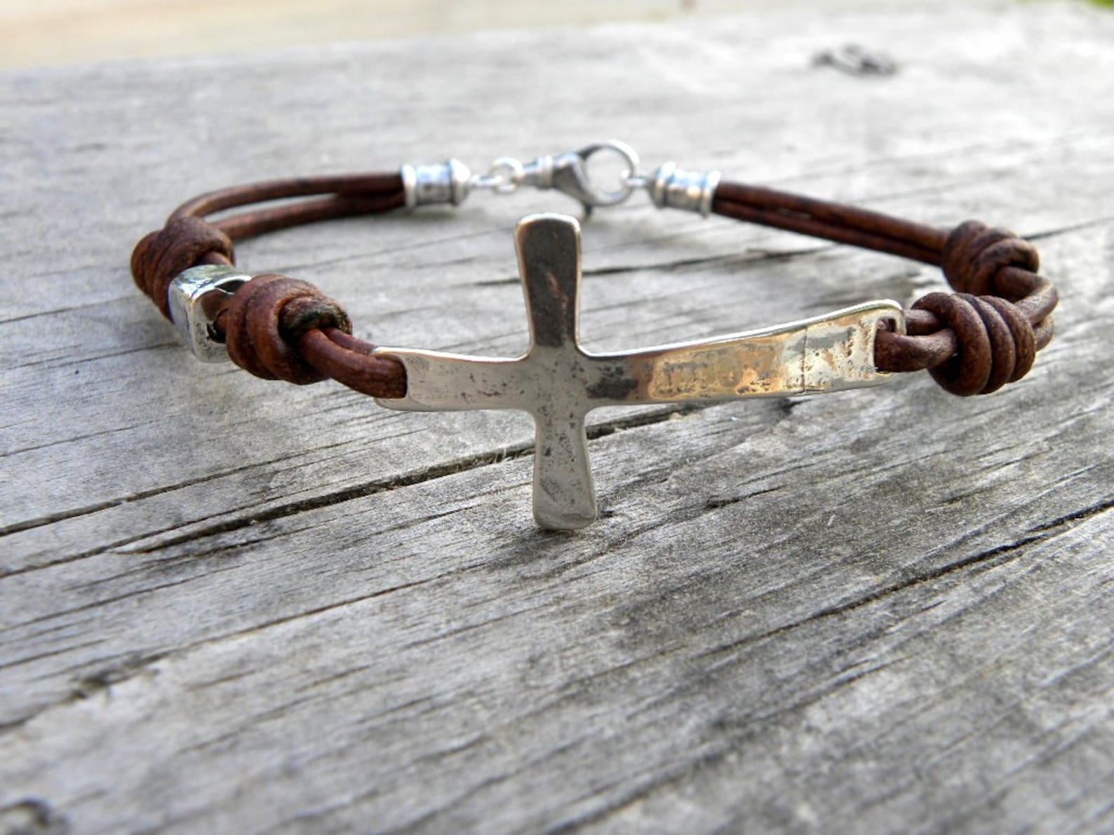 Sterling Silver Cross Leather Bracelet Mens Unisex Chocolate Etsy