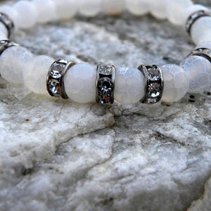 Gemstone Bead Bracelet White Frosted Agate Pave Crystal Elastic Stacking Sterling Silver Black and White image 1