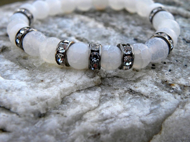 Gemstone Bead Bracelet White Frosted Agate Pave Crystal Elastic Stacking Sterling Silver Black and White image 1