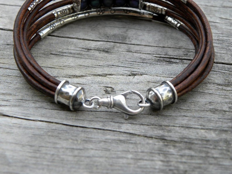 Black Pearls Leather and Sterling Silver Bracelet