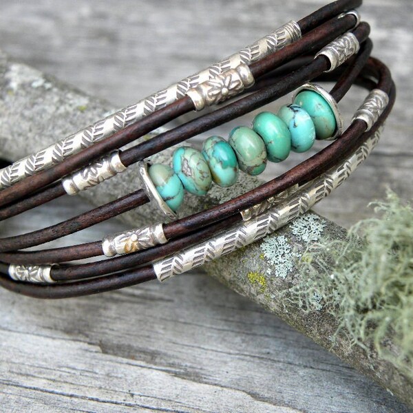 Turquoise  Bracelet Chocolate Brown Leather and Sterling Silver Handcrafted Multiple Strands Bangle