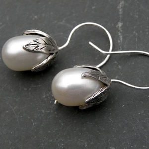 Handcrafted Sterling Silver White Pearl Earrings Artisan Bridal Wedding Sea Flower