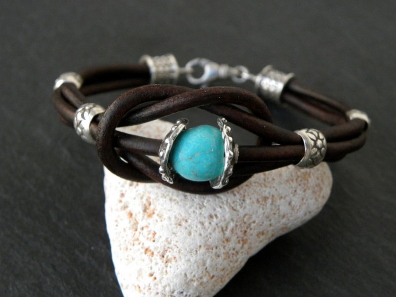 Sterling Silver Leather Bracelet Natural Turquoise Bracelet - Etsy