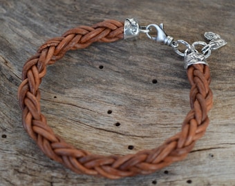 Raw Sterling Silver Heart Leather Bracelet Braided Artisan Unisex Cognac Charm BOHO Heavy Rugged Organic Men Bracelet