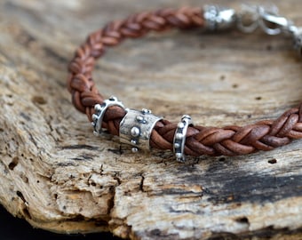 Raw Sterling Silver Leather Bracelet Braided Artisan Unisex Chocolate Black or Brown BOHO Heavy Rugged Organic Men Bracelet