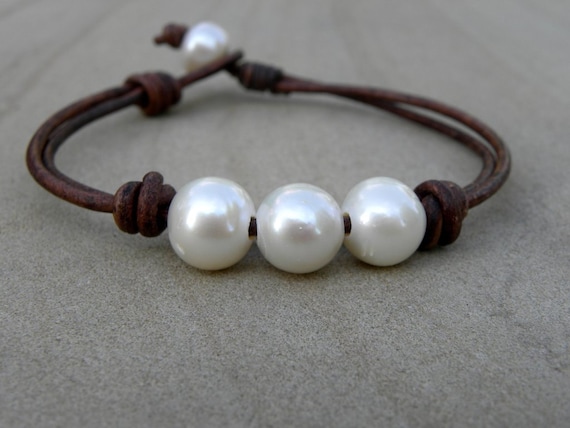 Chocolate Brown Leather and Pearls Knotted Bracelet Summer Surfer Beach Etsy