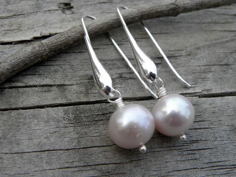 Soft Pink Pearls and Sterling Silver Earrings Modern European Bridal Bridesmaids image 1