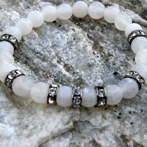 Gemstone Bead Bracelet White Frosted Agate Pave Crystal Elastic Stacking Sterling Silver Black and White image 2