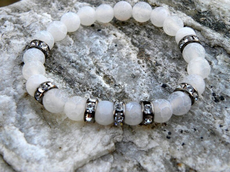 Gemstone Bead Bracelet White Frosted Agate Pave Crystal Elastic Stacking Sterling Silver Black and White image 2