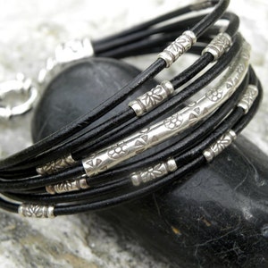 Sterling Silver and Black Leather Bracelet Multiple Strands image 3