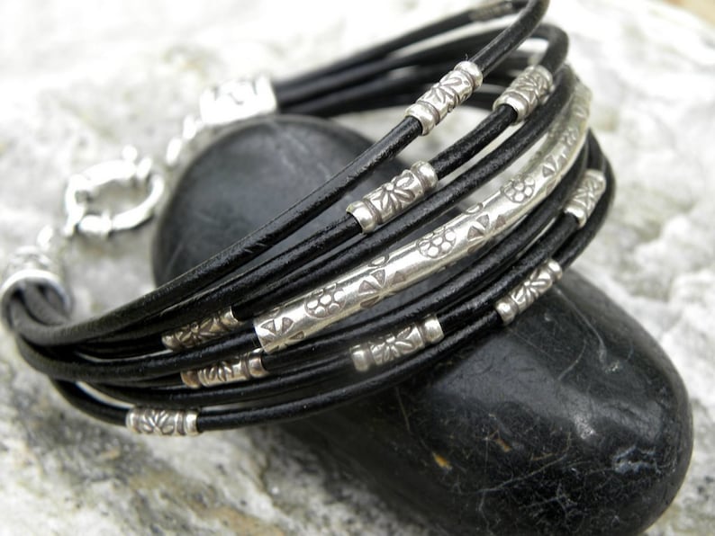 Sterling Silver and Black Leather Bracelet Multiple Strands image 3