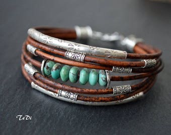 Turquoise  Bracelet Chocolate Brown Leather and Sterling Silver Handcrafted Multiple Strands Bangle