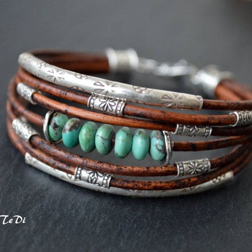 Bracelet turquoise en cuir marron chocolat et plusieurs rangs fabriqués à la main en argent sterling