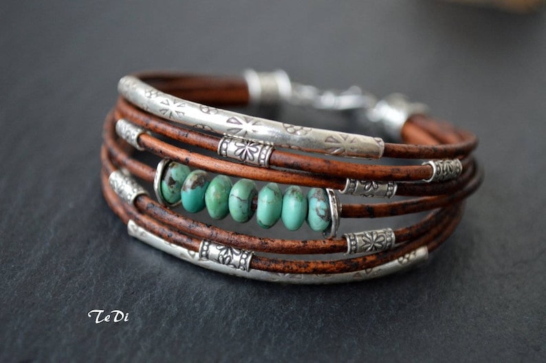 Turquoise Bracelet Chocolate Brown Leather and Sterling Silver Handcrafted Multiple Strands Bangle image 1