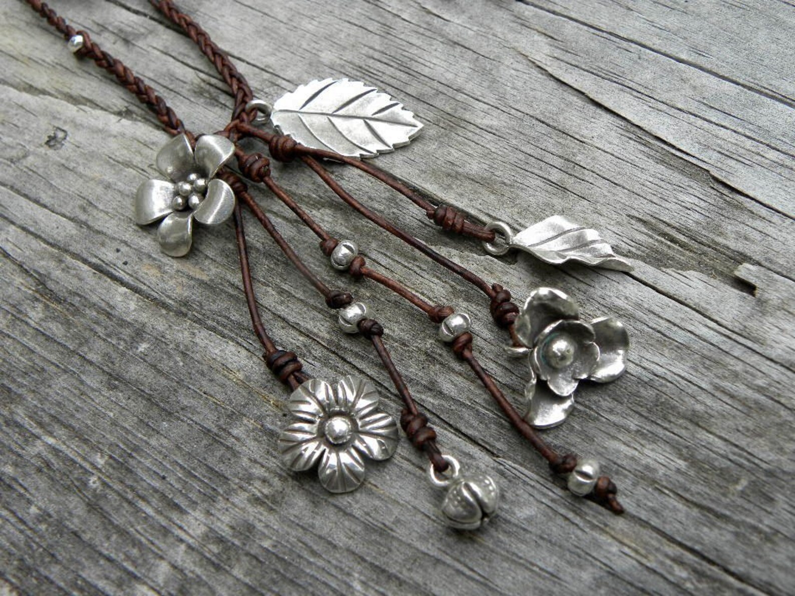 Sterling Silver Macrame Chocolate Leather Flower Charm Long Etsy
