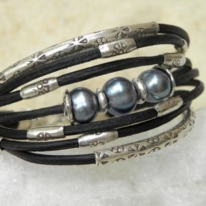 Gray Pearls Sterling and Black Leather Bracelet Multi Strands