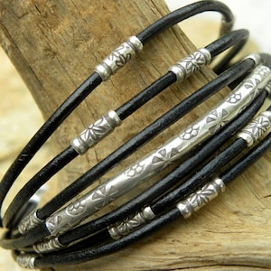 Sterling Silver and Black Leather Bracelet Multiple Strands image 4
