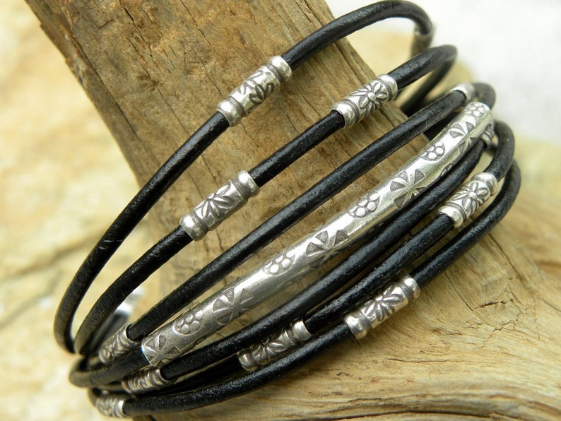 Sterling Silver and Black Leather Bracelet Multiple Strands image 4