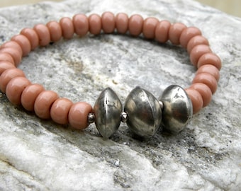 Old African Beads Bracelet Pale Pink Mauve Pink  Elastic Stacking Silver Pink Boho Rustic Ancient Glass