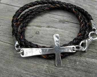 Sterling Silver Cross Braided Leather Wrap Bracelet Mens Unisex Chocolate leather Artisan Handcrafted Bohemian Urban Modern