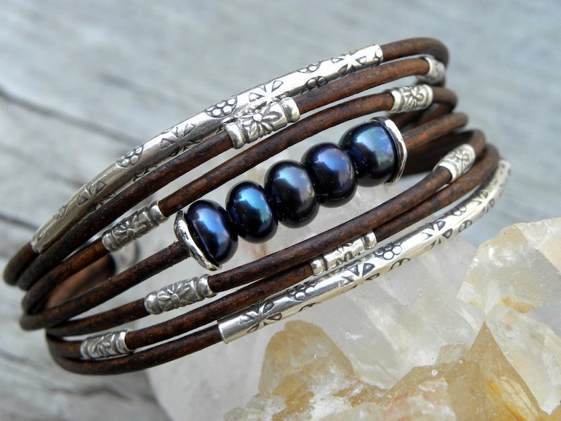 Black Pearls Leather and Sterling Silver Bracelet