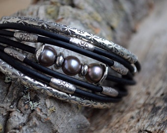 Gray Taupe Pearls Sterling Black Leather Bracelet Multi Strands boho