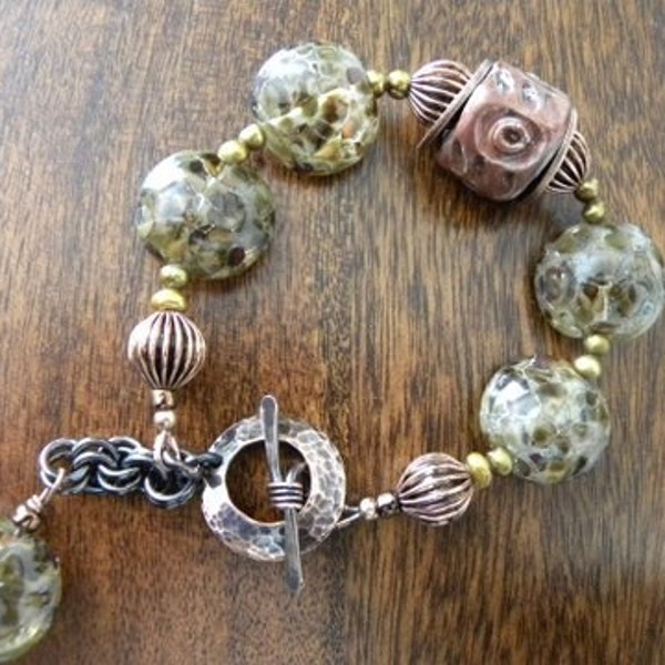 Lampwork Beads,Pearls, Ceramic and Pure Copper Charm Bracelet SALE