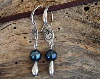 Black Pearls and Sterling Silver Earrings Urban Modern Contemporary Textured Organic