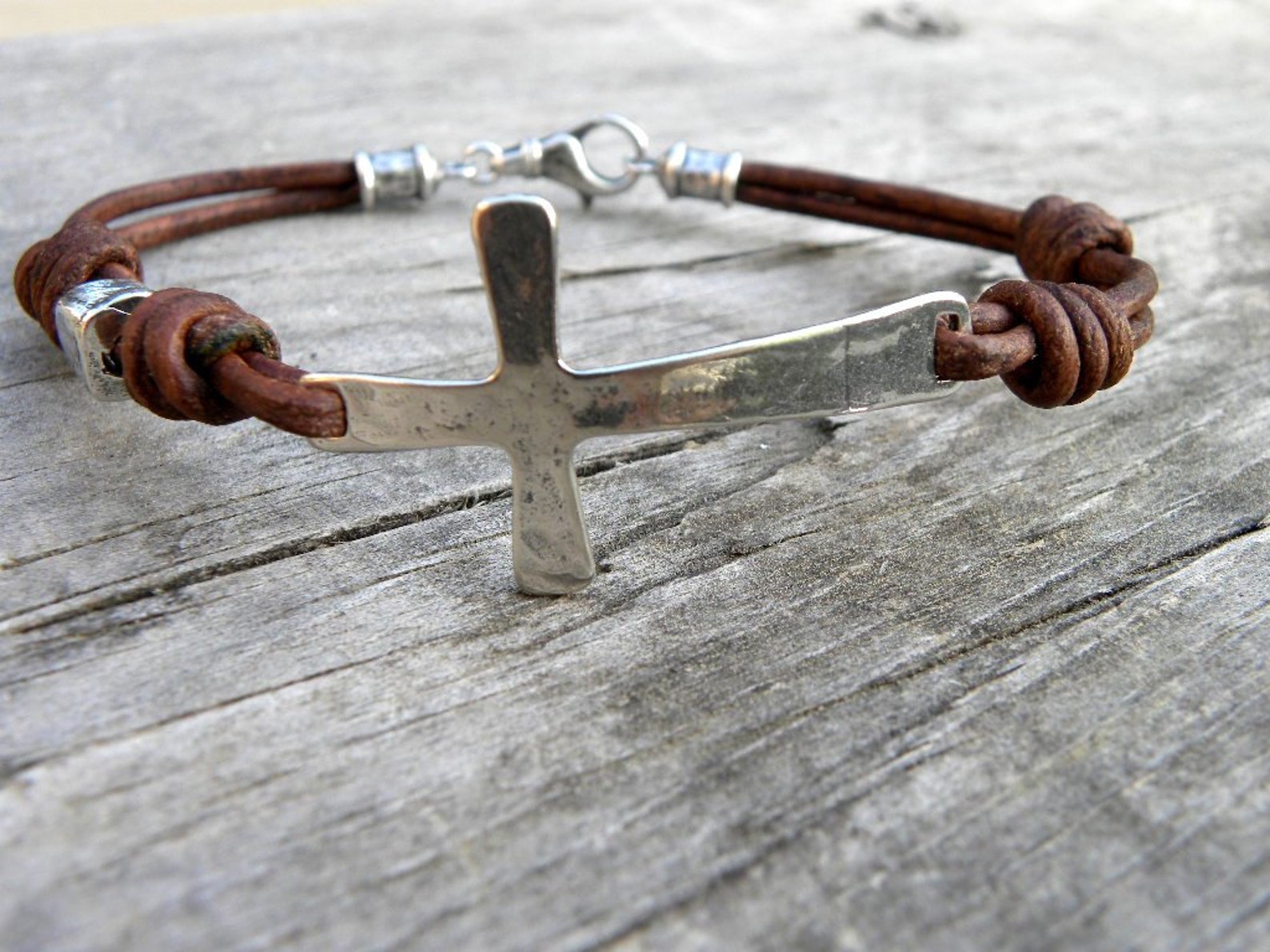 Sterling Silver Cross Leather Bracelet Mens Unisex Chocolate Etsy