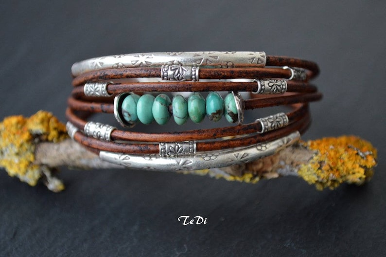 Turquoise Bracelet Chocolate Brown Leather and Sterling Silver Handcrafted Multiple Strands Bangle image 9