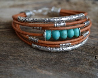 Kingman Turquoise  Bracelet Sterling Silver Natural Brown Leather  Arizona Turquoise Blue Genuine Natural Multiple Strands Bangle