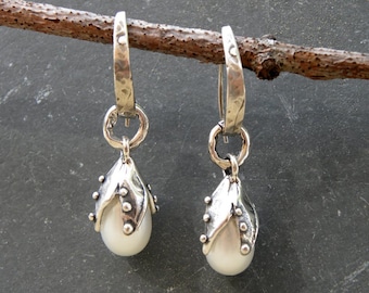 Sterling Silver White Pearl Earrings Artisan Handcrafted Bridal Wedding Sea Flower