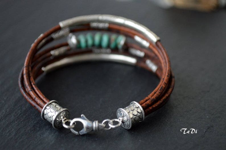 Turquoise Bracelet Chocolate Brown Leather and Sterling Silver Handcrafted Multiple Strands Bangle image 6