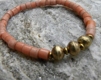 Old African Beads Bracelet Pale Pink Mauve Pink  Elastic Stacking Brass Pink Boho Rustic Ancient Glass