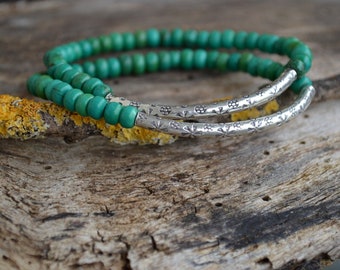 Turquoise Sterling Silver Bracelet  Elastic Stacking Natural Chinese Turquoise Focal Bead