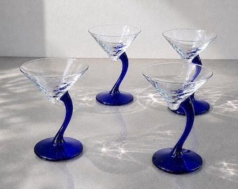 Vintage Libbey Bravura Martini-Brille | Kobalt Blau S-Curve Stiel-Set