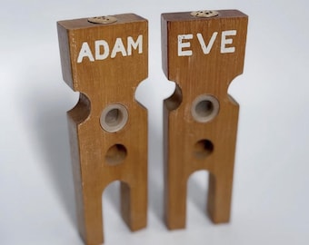 Salero y pimentero de Adán y Eva, estilo arte popular – Figuritas de pareja de madera talladas a mano – Decoración de cocina