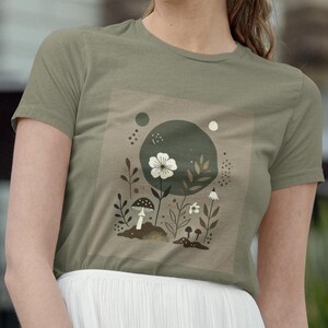 Cottagecore Botanischer Garten T-Shirt - Minimalistisches Boho Style Shirt mit Pilzen und Blumen - Goblincore Natur inspirierte Unisex Geschenke,