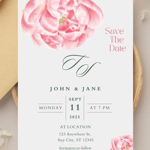 Watercolor Pink Peony Save the Date Wedding Invitation Template | Watercolor Greenery Invite | Pink Floral | Canva Editable Printable