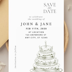 Vintage Wedding Cake Save the Date Invitation Template | French, Hand Drawn, Vintage Inspired | Editable Printable Digital Print Template