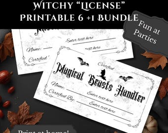 May include: A Halloween-themed printable bundle featuring witchy "licenses." The certificates have a vintage design with bats and the words "Magical Beasts Handler." Includes the text "Print at home!" and "Fun at Parties."