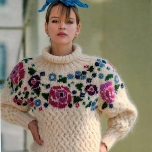 Vintage 1980s Women&#39;s Knit Sweater/Jumper, Floral Mohair Pullover, PDF Download