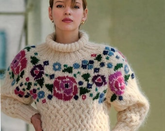 Vintage 1980s Women's Knit Sweater/Jumper, Floral Mohair Pullover, PDF Download