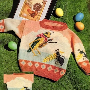May include: A colorful, hand-knitted sweater with a detailed insect design. The sweater features a crew neck and long sleeves, with a repeating diamond pattern at the bottom. The design includes a large insect with a scarf, and a smaller insect on the sleeve. A framed rooster painting and Easter eggs are in the background.