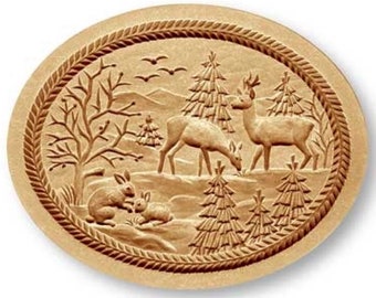 AP 3028 Stag and Doe, and Rabbits Oval springerle cookie mold by Änis-Paradies