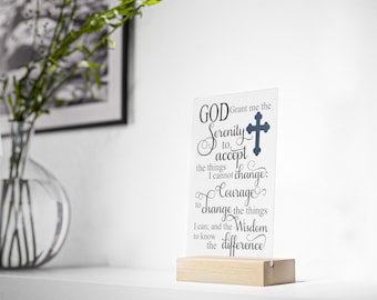 Serenity Prayer Cross Acryl-Schild mit Holzständer | Religiöses Wohndekor