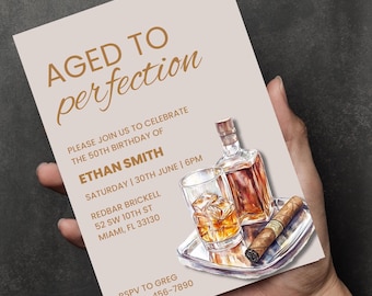 d'anniversaire de whisky vieilli à la perfection | Soirée cigares et bourbon | Anniversaire homme adulte modifiable | Jalon anniversaire 40e, 50e, 60e