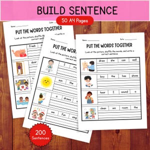 Wydrukowane ćwiczenia „Buduj zdania” – proste arkusze do pisania zdań, korekty i sekwencjonowania dla przedszkolaków, uczniów klas 1–2