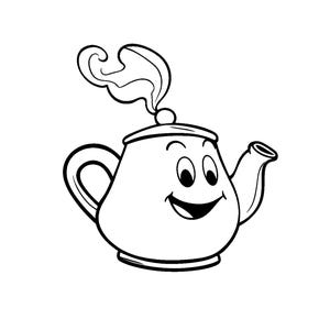Puede incluir: Un dibujo en blanco y negro de una tetera sonriente con vapor saliendo del pico.