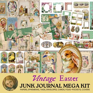 Vintage Easter Junk Journal Kit Printable Junk Journal Pages Digital Papers Easter Ephemera  Easter Themed Folio Kits Rabbit Folio Digitals